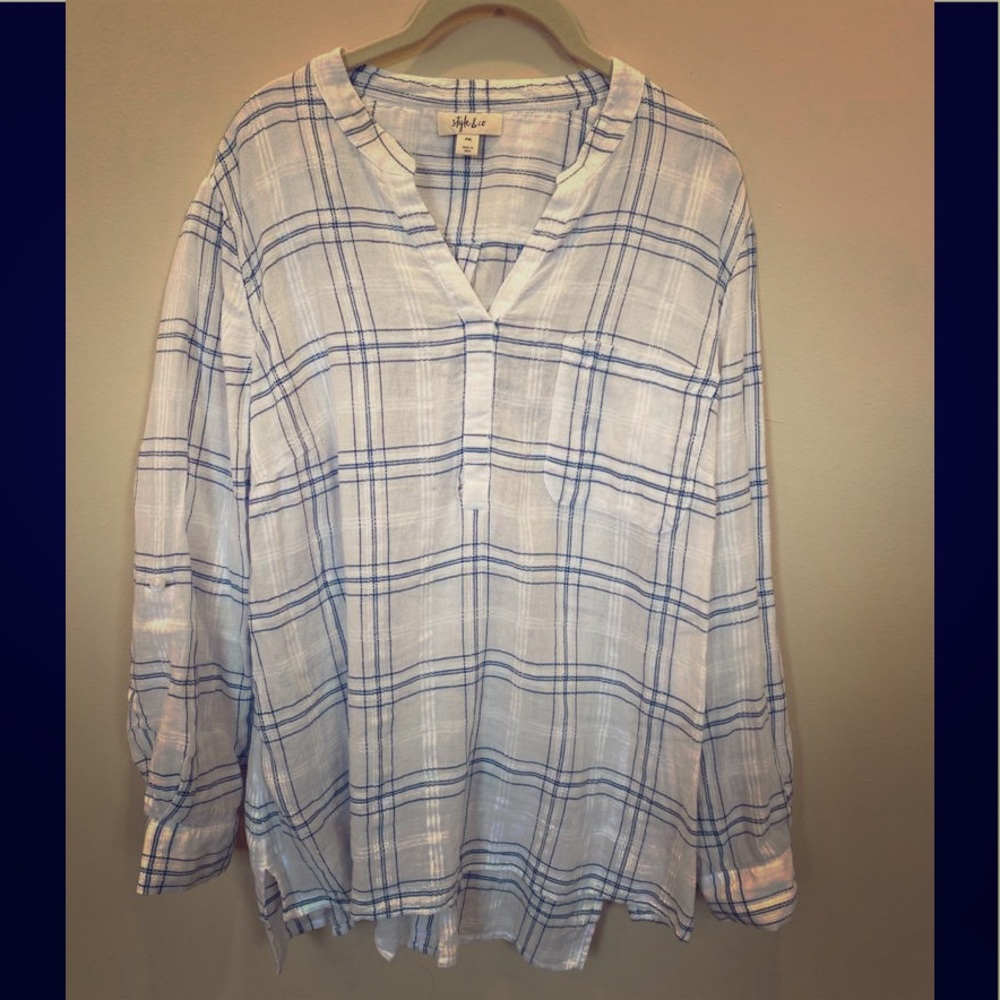 White and Blue plaid linen blouse! Worn once!
